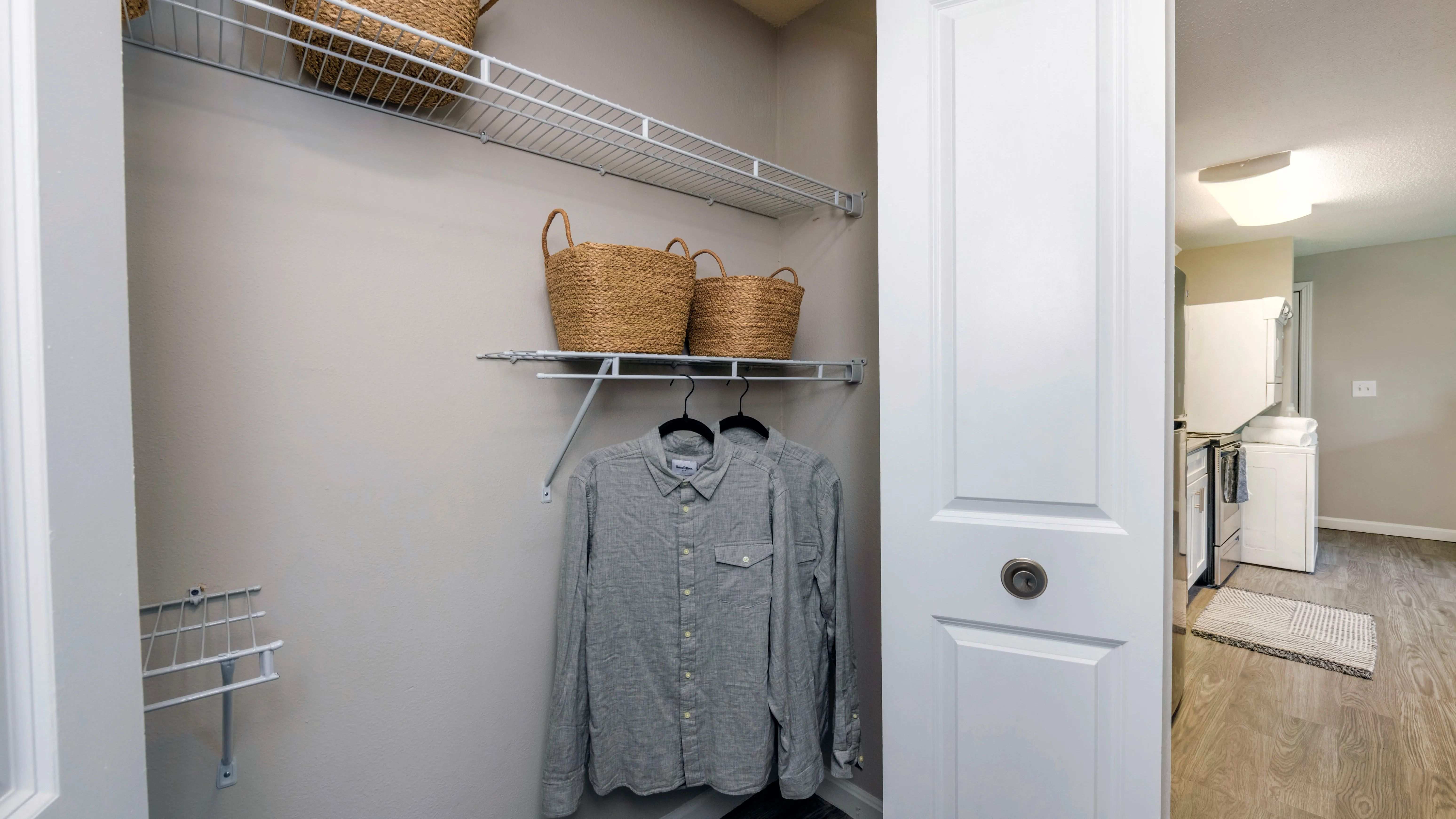 Step into a world of organized bliss with our roomy closets featuring built-in wire organizers. Discover stress-free apartment living.