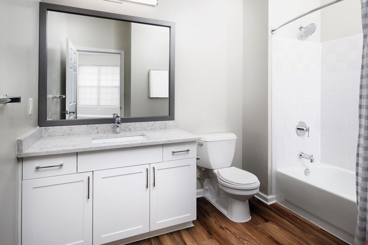 Classic Finish bath with white cabinetry, white quartz countertop, and hard surface flooring