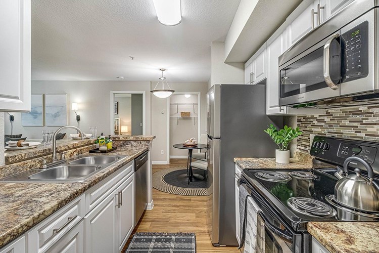 Galley style kitchens featuring wood-style flooring and stainless steel appliances.