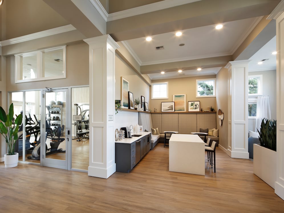 Lobby, resident lounge, and fitness center