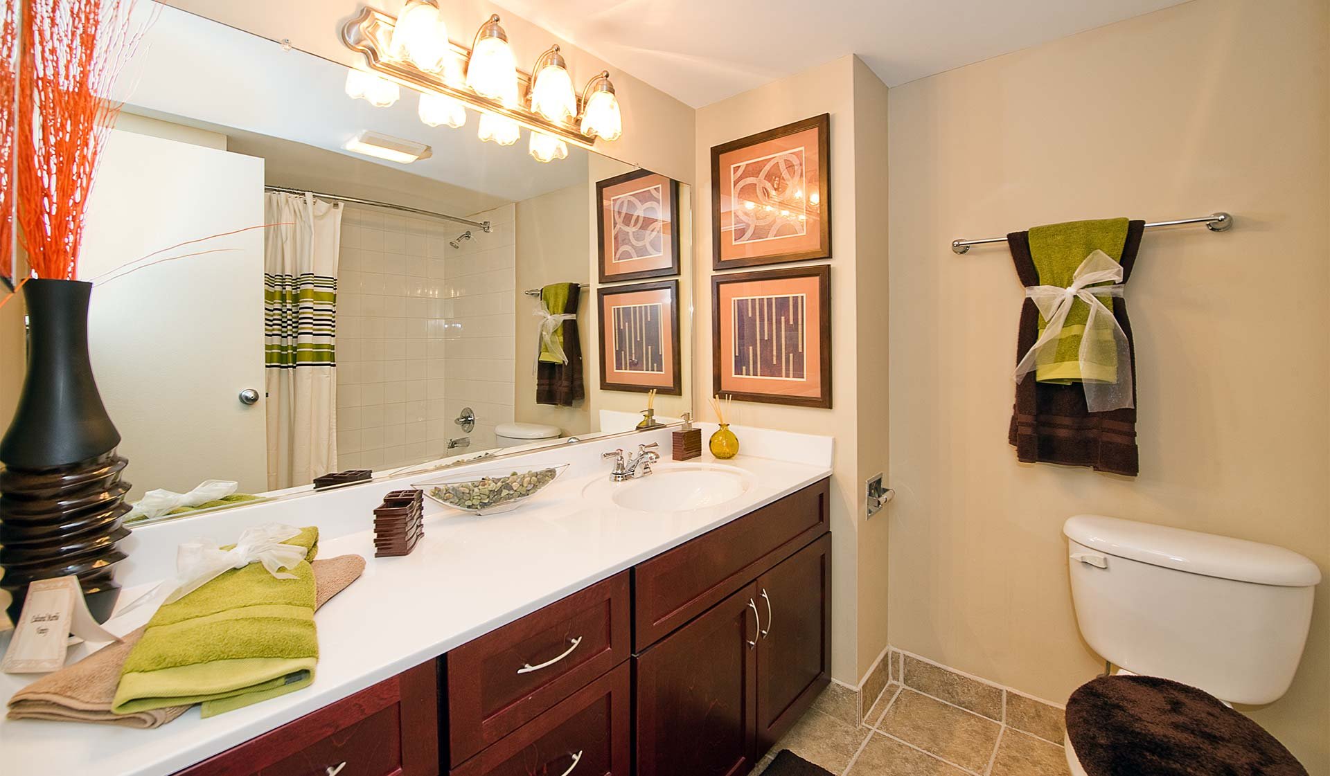 Bathroom with large vanity and great lighting