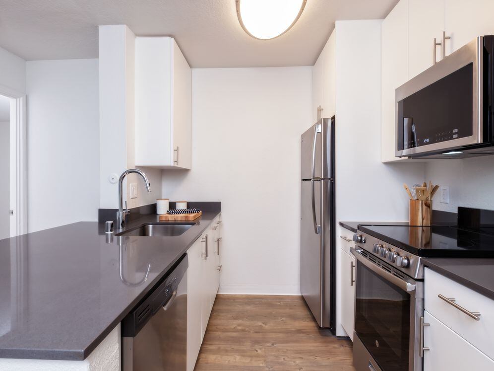 Renovated Package I kitchen with stainless steel appliances, dark grey quartz countertops, white cabinetry, and hard surface flooring