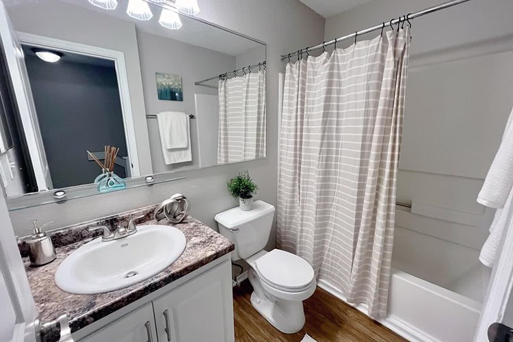 Spacious master bathroom with extra storage space in the vanity.