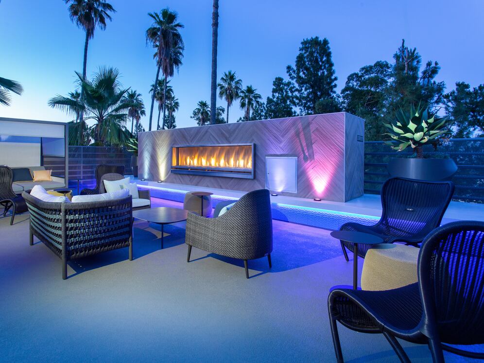 Outdoor lounge with fireplace
