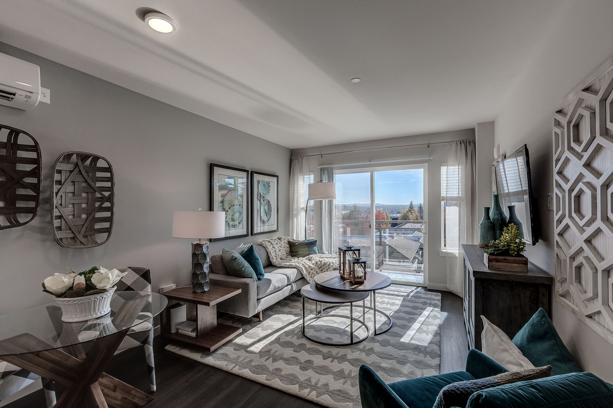 Lux Apartments have spacious living rooms and most units include a private balcony or patio to enjoy the beautiful Pacific Northwest outdoors