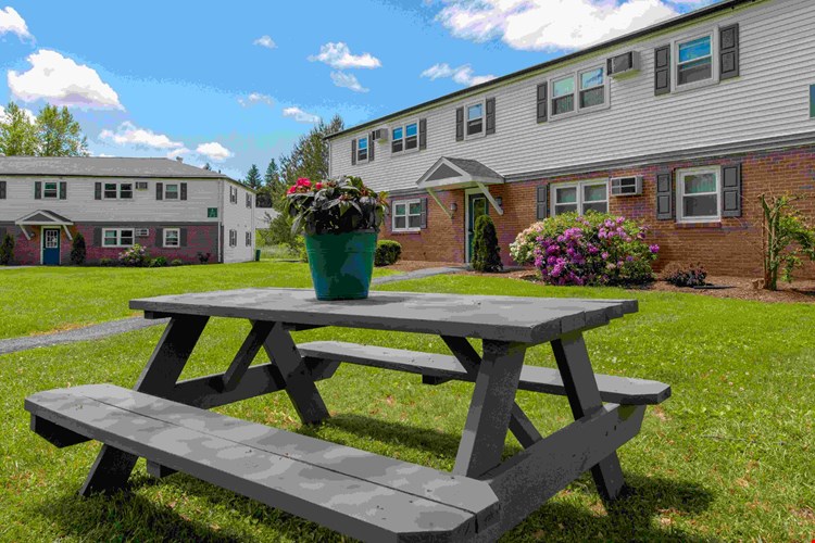 Elevate your outdoor gatherings at one of our inviting picnic tables, where blue skies and lush landscapes set the stage for memorable moments with friends.