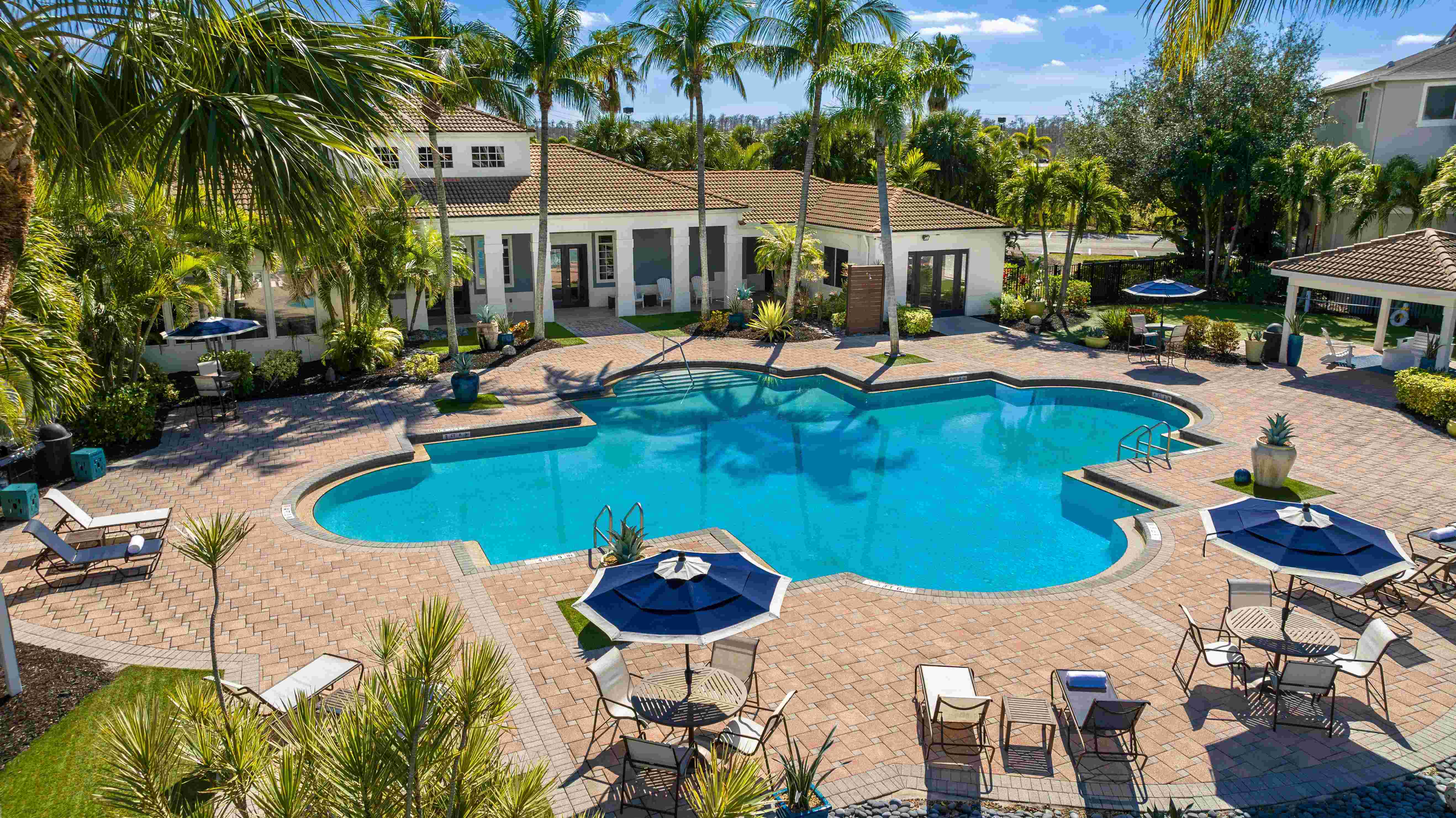 Enjoy the Florida sun at our resort-style pool featuring shaded seatings, poolside loungers, and tropical greenery.