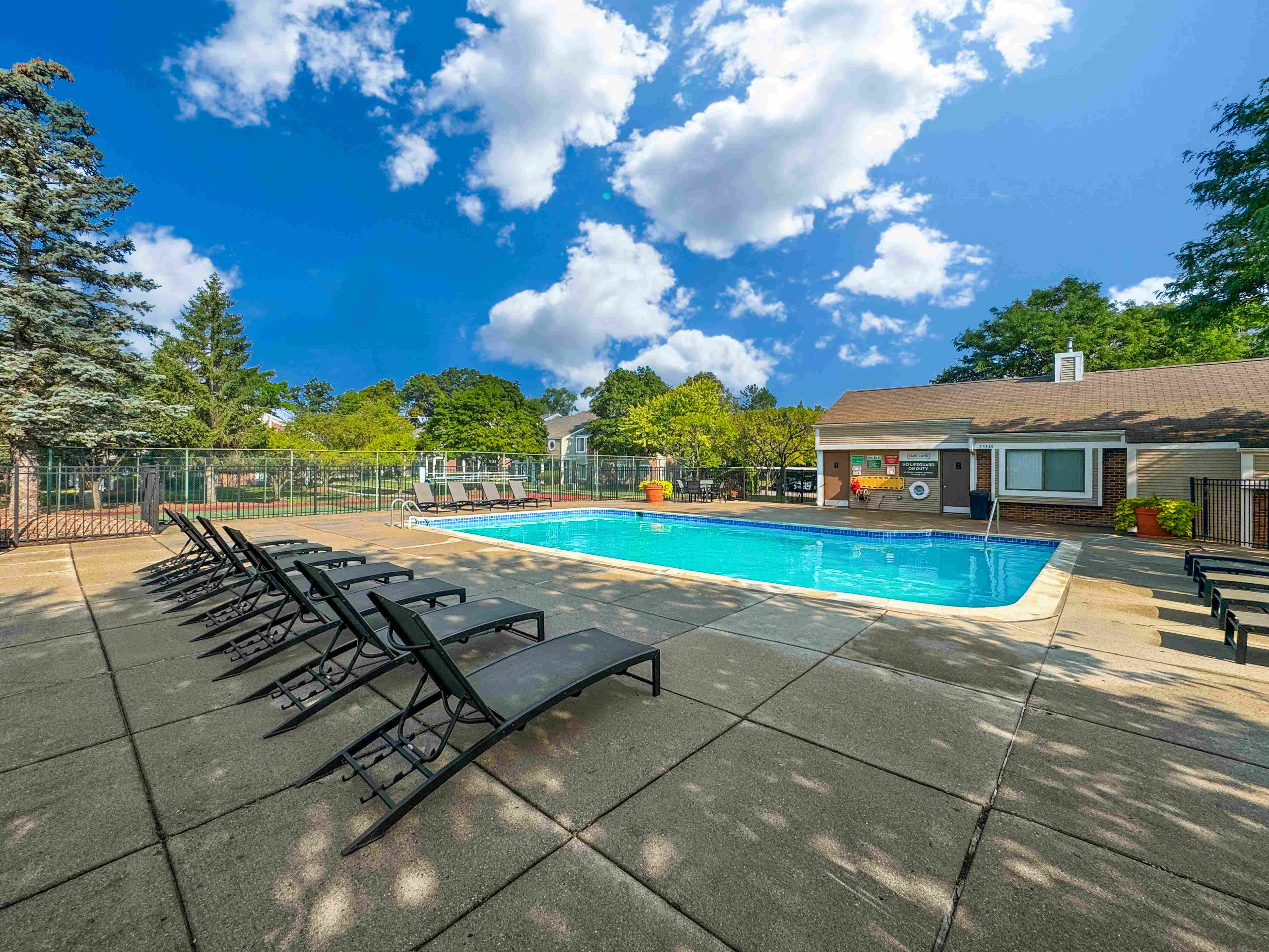 Sparkling pool at Park Lane Apartments in Southfield