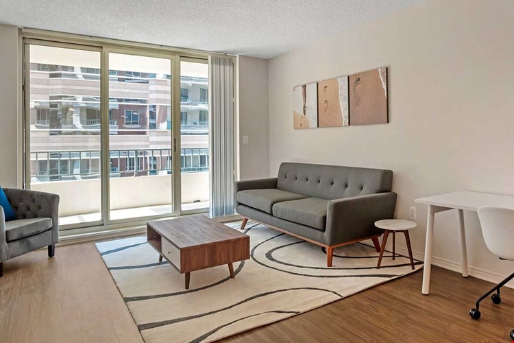 Furnished+ apartment homes come outfitted with a sofa, side chair, side table, coffee table, TV stand and 50" Television (Representative Image – exact items and style of furnishings may vary)