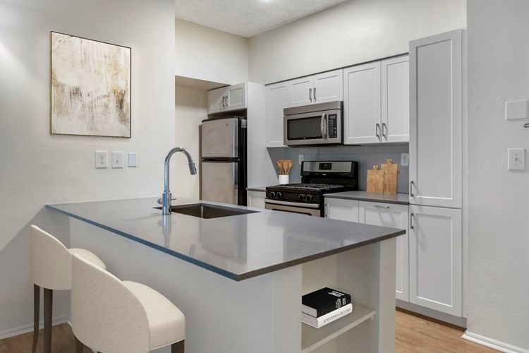Renovated Package III kitchen with grey quartz countertops, white cabinetry, stainless steel appliances, tile backsplash, and hard surface plank flooring