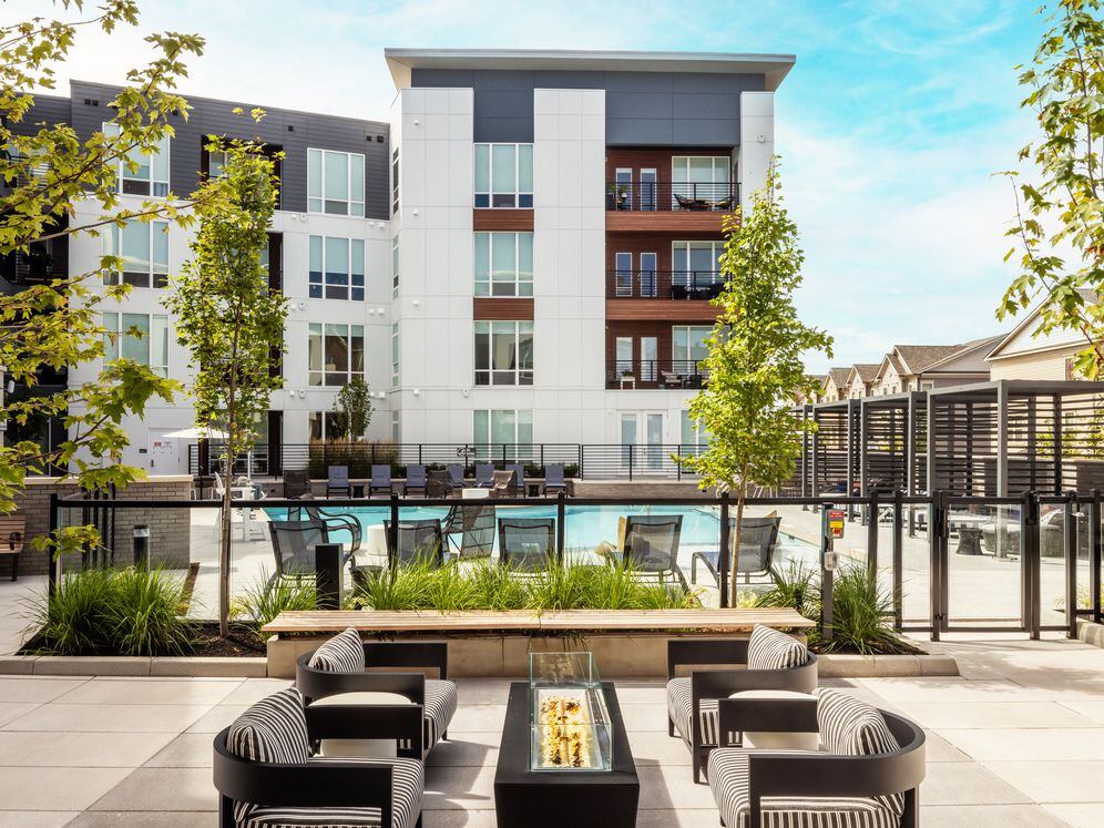 South building Courtyard with fireplace and lounge seating