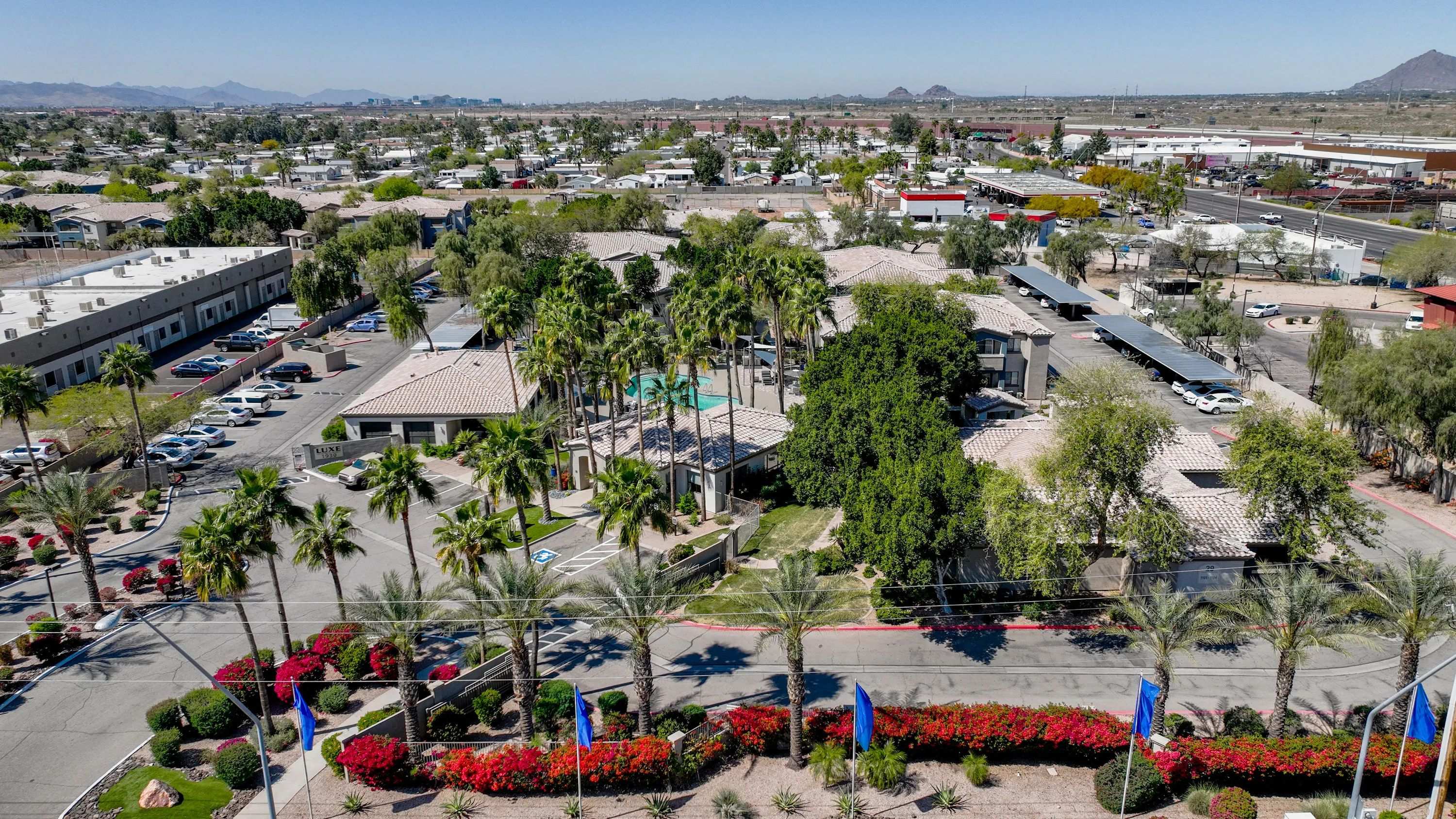 Marvel at an aerial view of our magnificent, luxury apartment community in Mesa, AZ.  