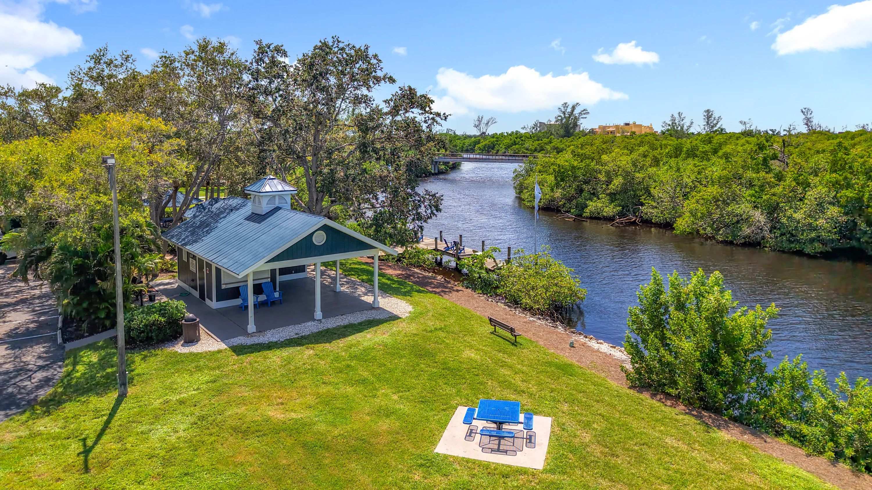 Whether you're enjoying lunch outdoors or relaxing by the river, this tranquil picnic space and pavilion offer a refreshing escape right outside your door.