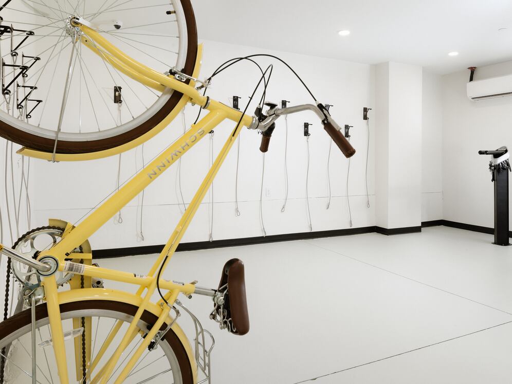 Bike storage room with bike repair station
