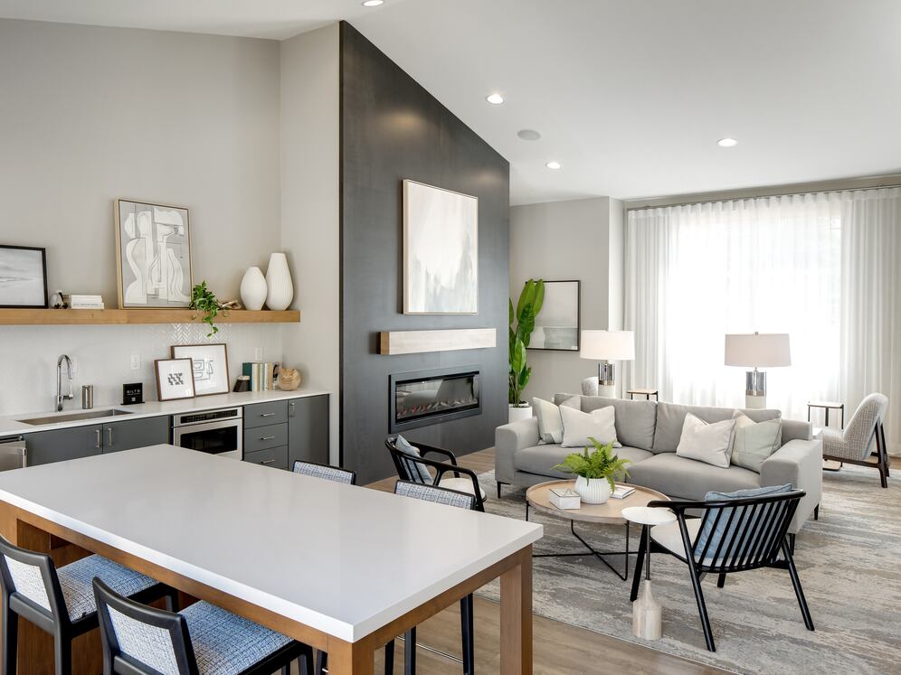 Coworking lounge with entertaining kitchenette and lounge seating