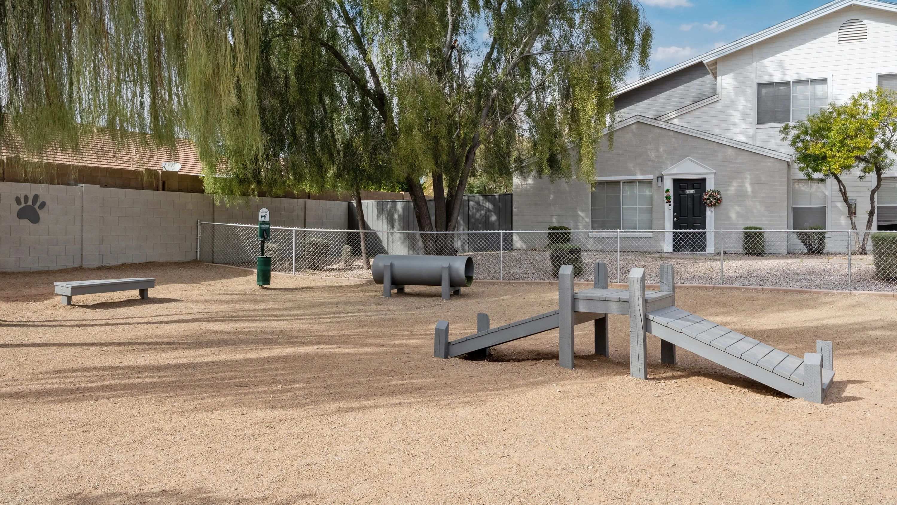 A pet-friendly wonderland with an immense dog park featuring engaging agility obstacles for playful pups. 