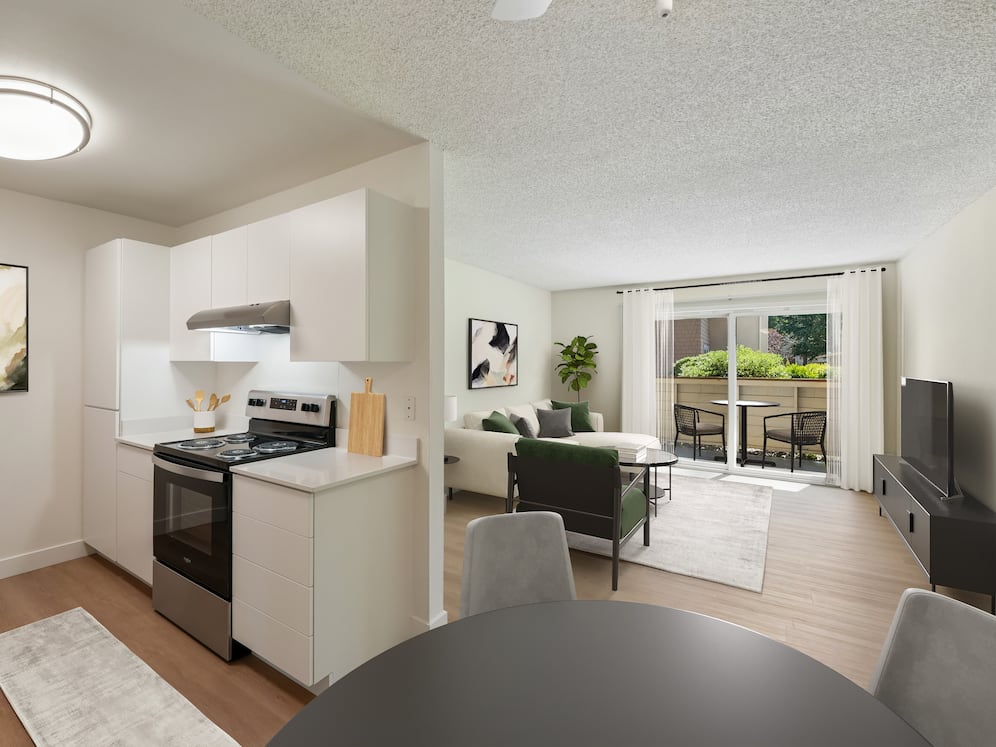 Renovated Package II kitchen, dining, and living room with hard surface flooring