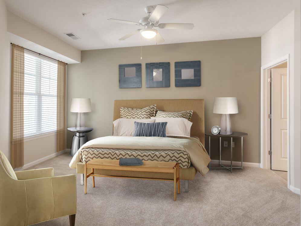 Bedroom with accent wall and carpet