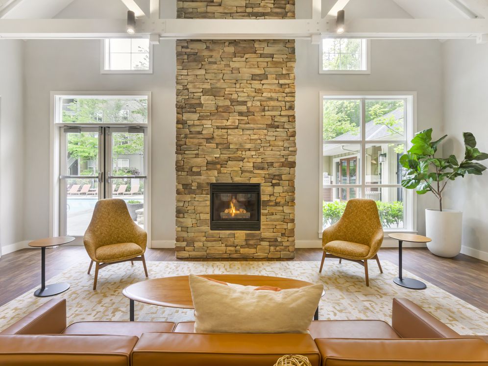 Lobby with lounge seating and fireplace