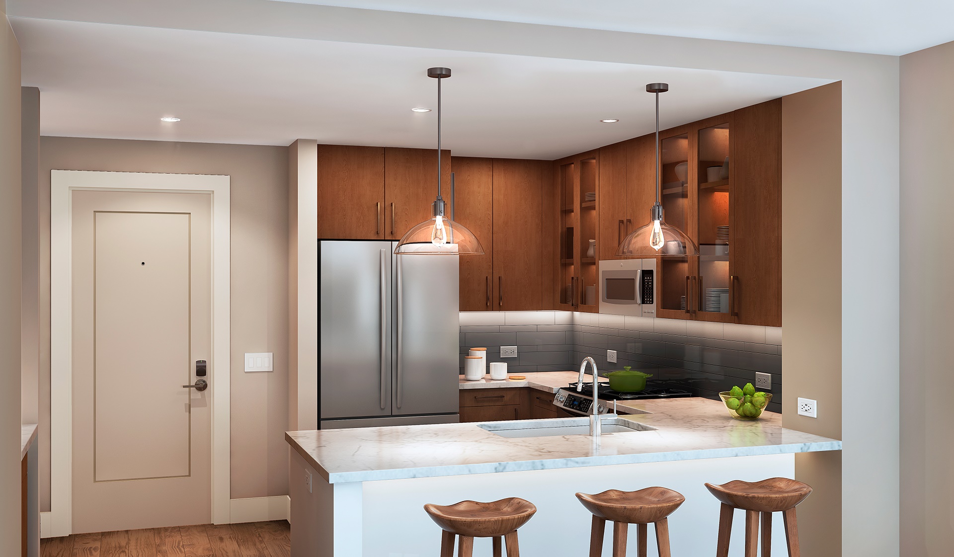 Modern finishes include white quartz countertops and glass tile backsplash