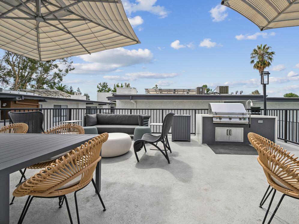 Rooftop terrace with BBQ grills, lounge seating, and picnic areas