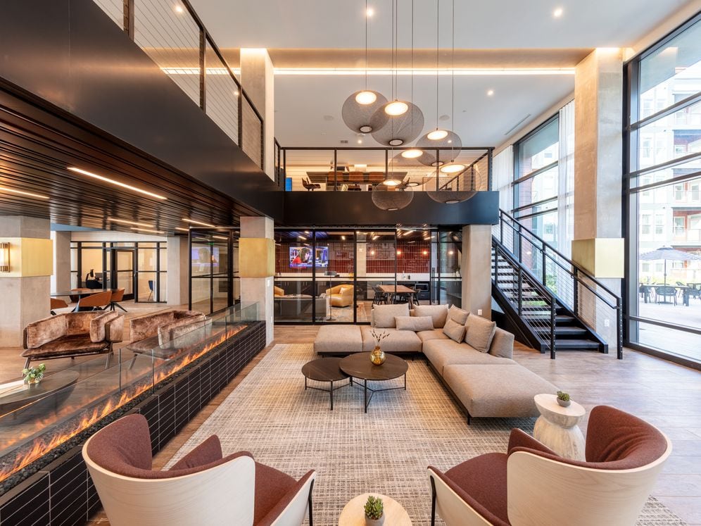 Lobby with lounge seating and fireplace