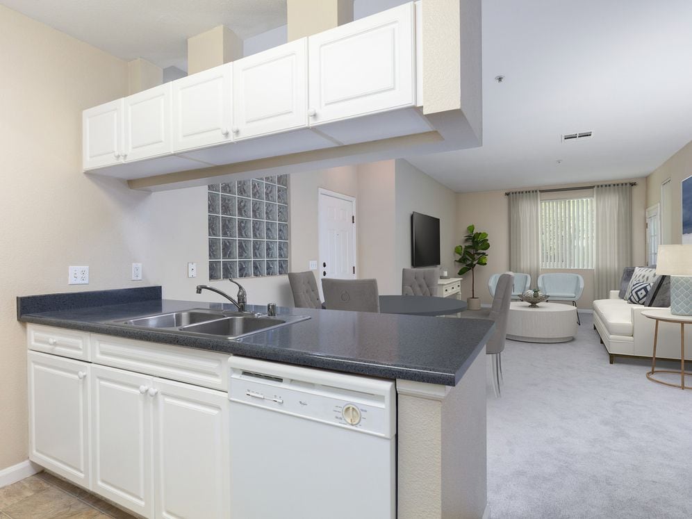 Kitchen, living, and dining areas