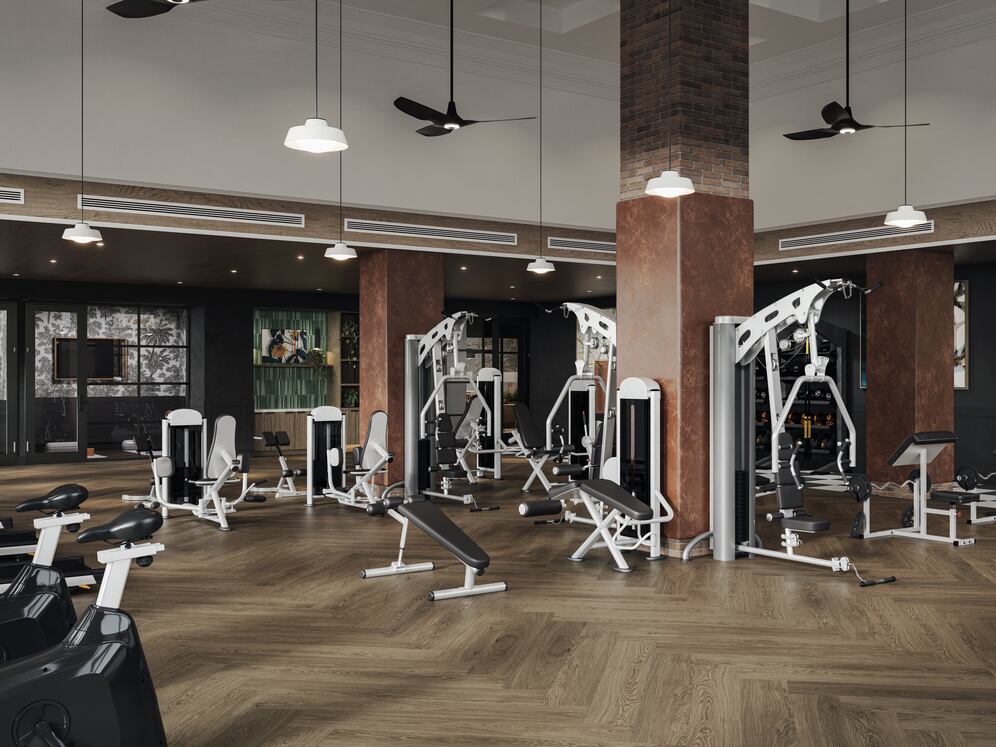 Fitness center with strength and cardio equipment (rendering)