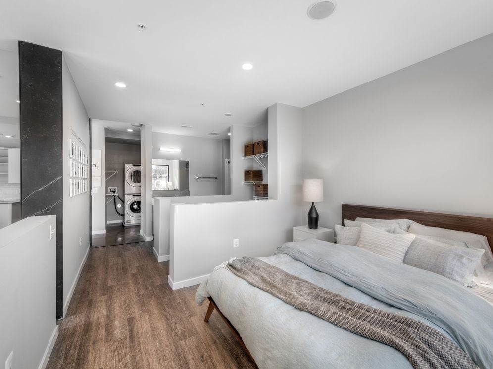 Showroom bedroom with hard surface flooring