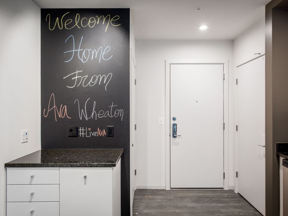 Apartment entry with hard surface flooring and chalkboard wall