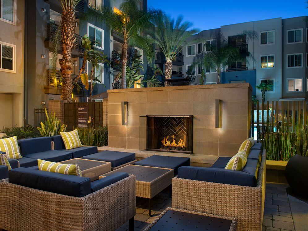 Outdoor lounge with fireplace