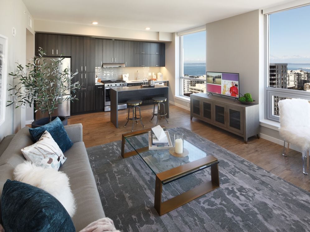Scheme II kitchen and living room with hard surface flooring.