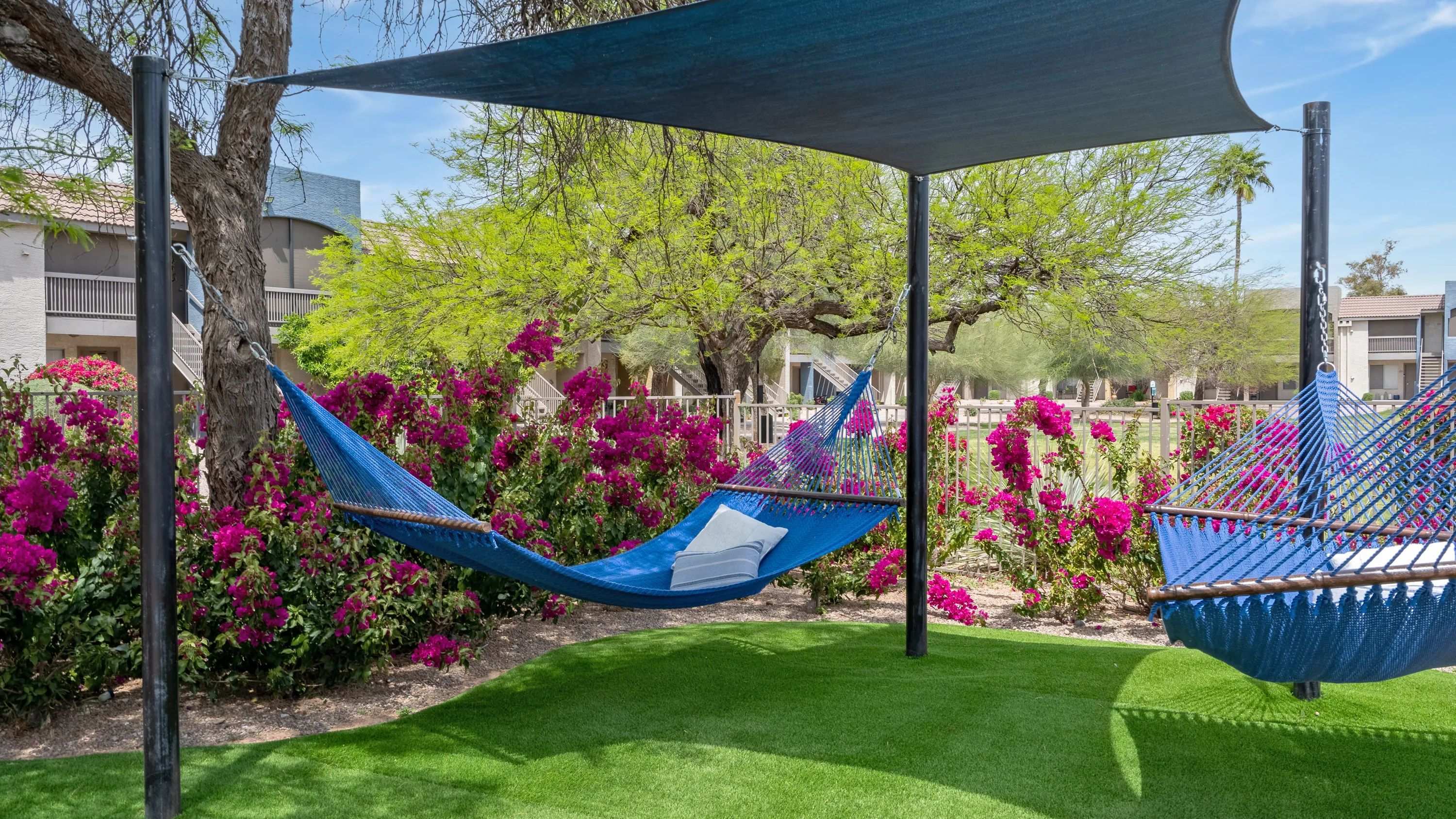 Recline in our hammocks nestled beside the pool, basking in ultimate relaxation within our vibrant outdoor sanctuary. 