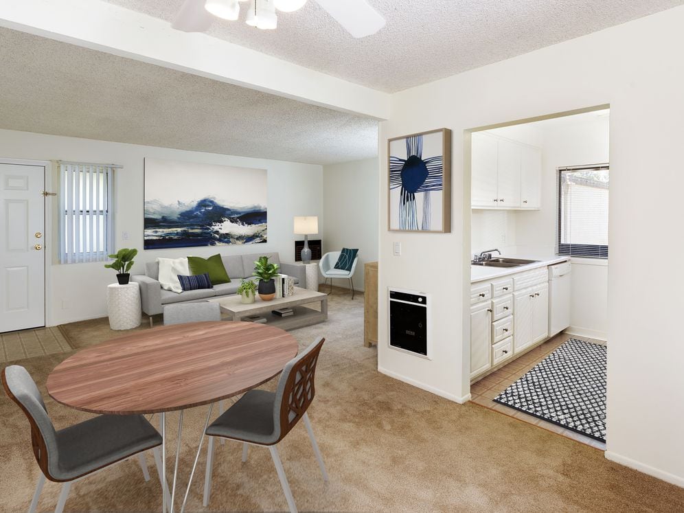 Classic kitchen, living, and dining areas