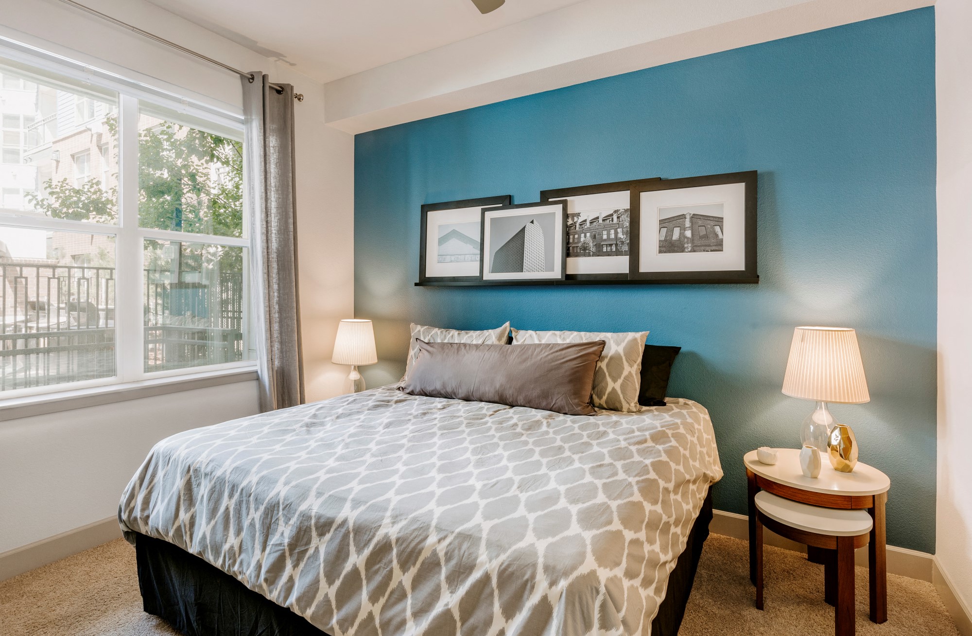 City House Apartments Model Bedroom and NIghtstand