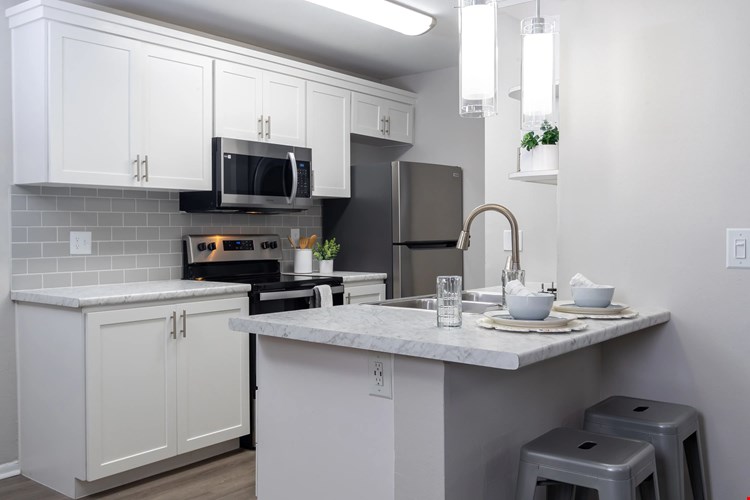 Bright kitchens adorned with gleaming stainless-steel appliances and marble-like countertops.