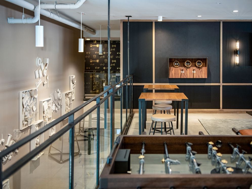 Mezzanine lounge area with gaming and seating