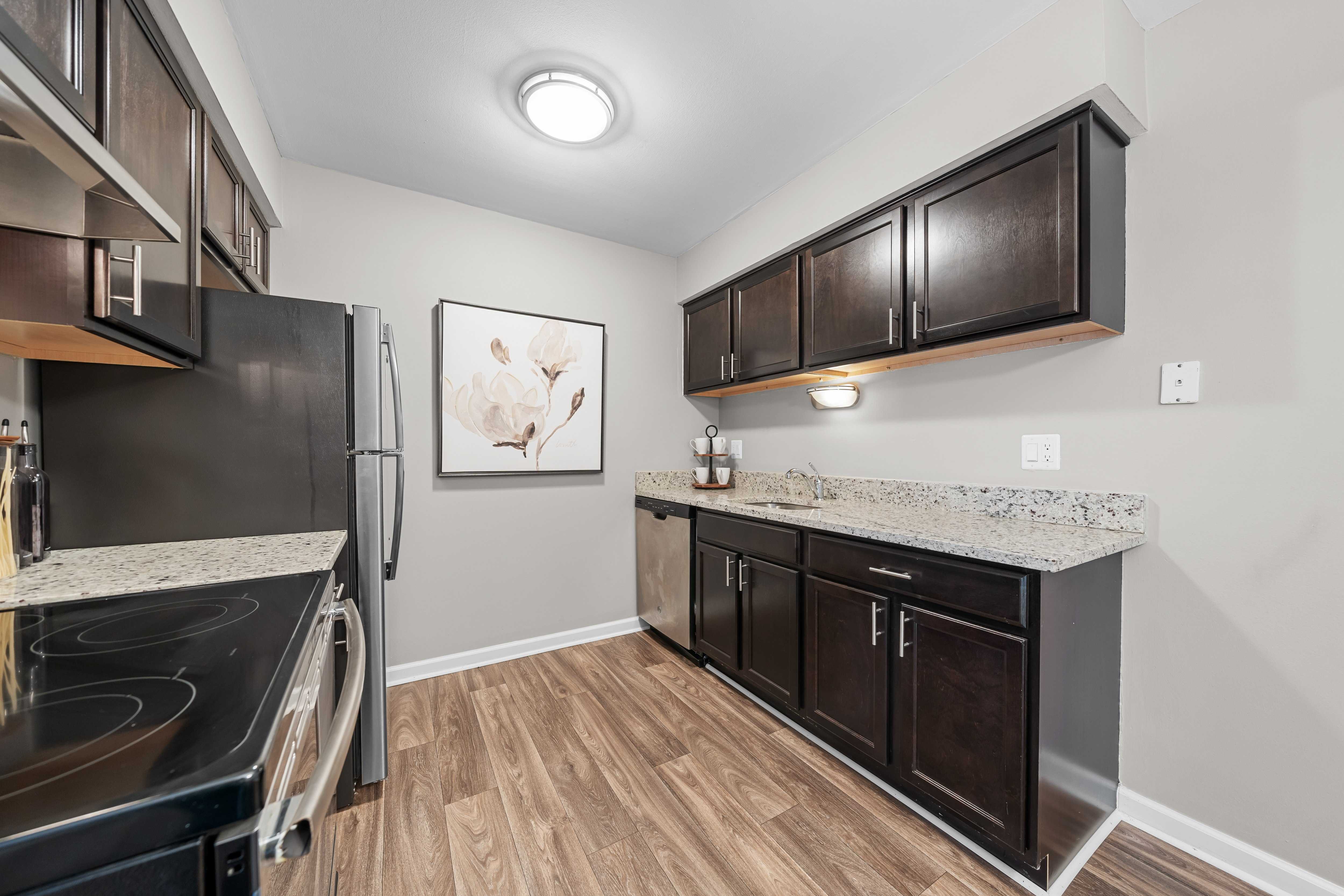 Spacious Kitchen  with stainless steel appliances and dark cabinets at Lakeside Village Apartments Clinton Township, MI