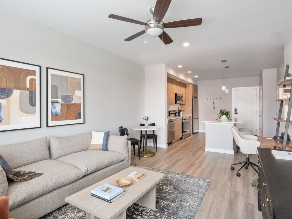 Living area with hard surface flooring and kitchen area