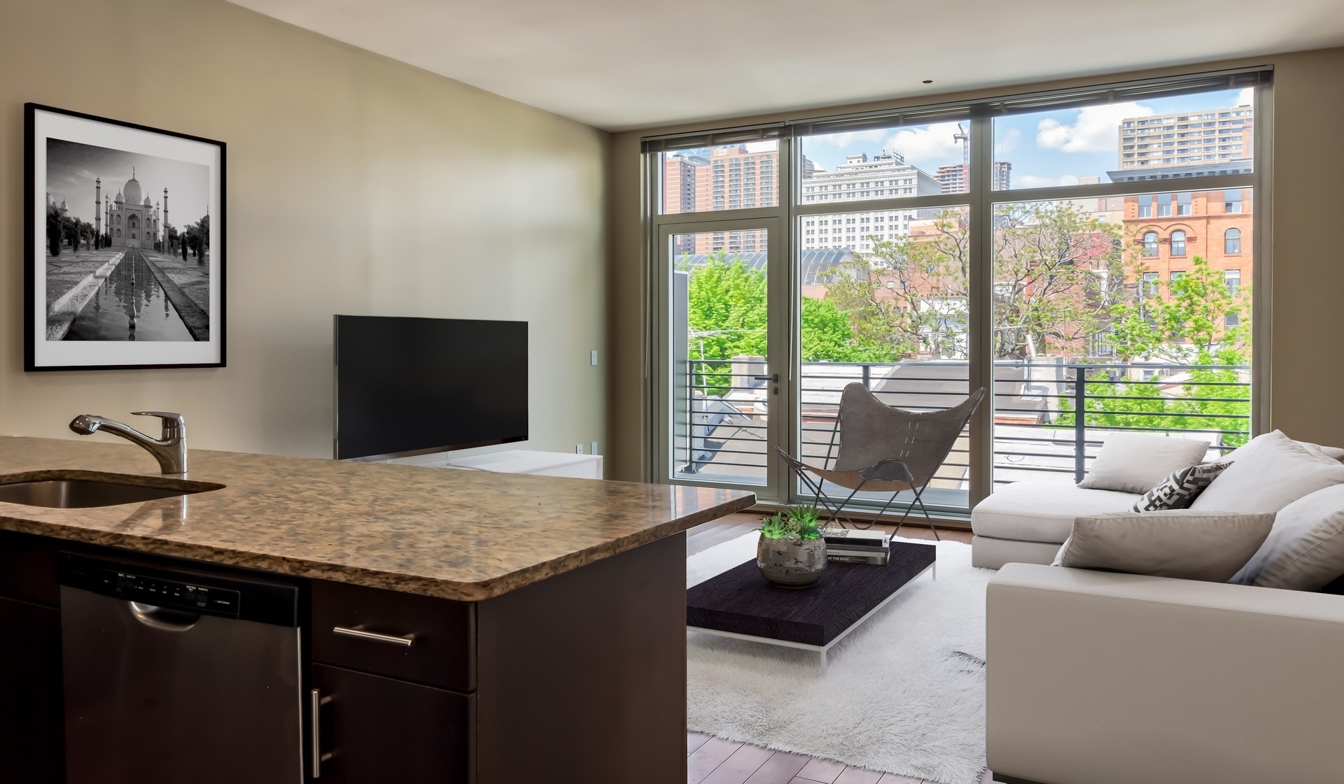 Floor to ceiling windows in each home and wood flooring in common areas