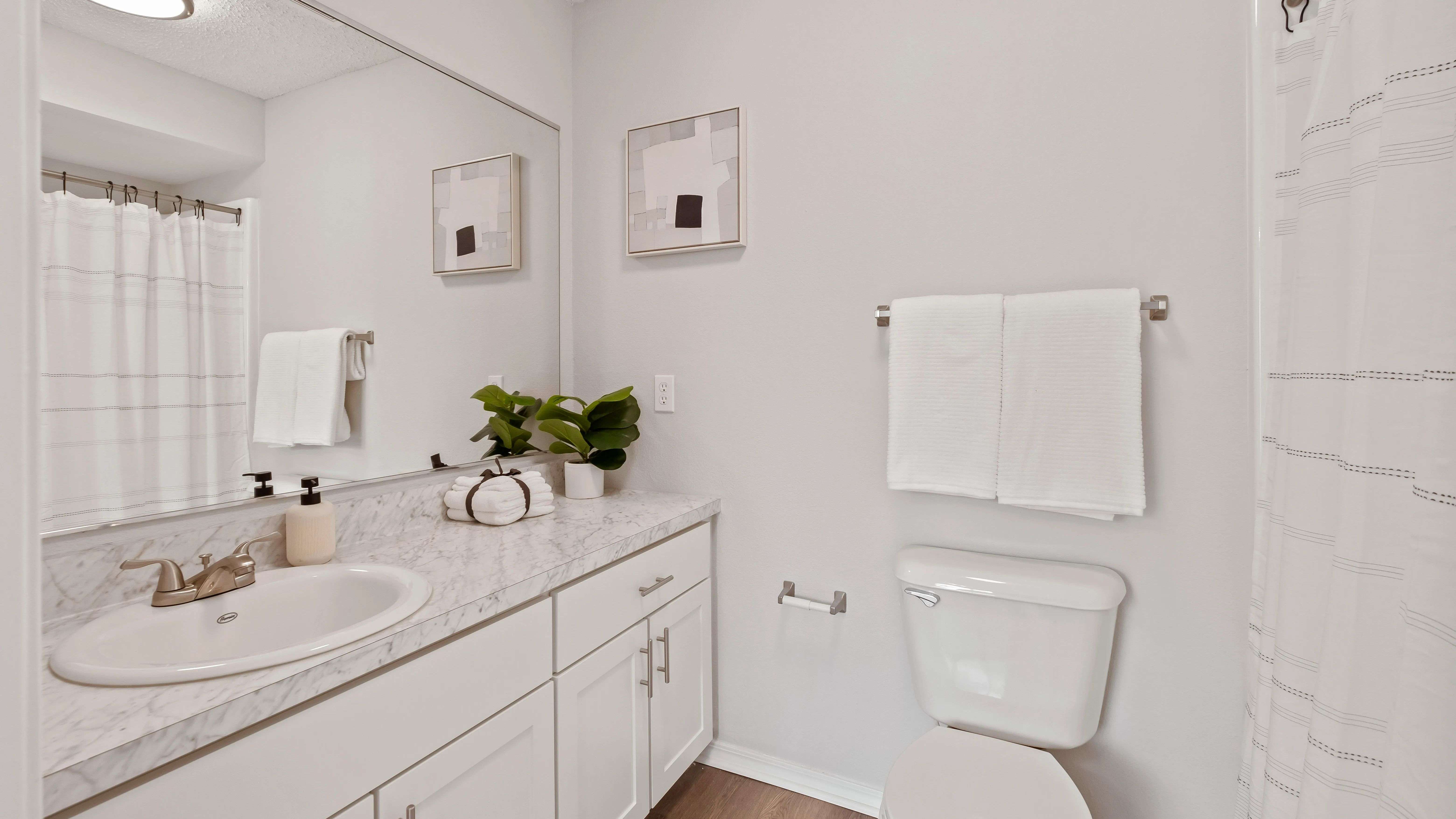 Rediscover luxury in our luxe bathrooms. Admire expansive White Carrara countertops, wood-style flooring, and a generously sized mirror.