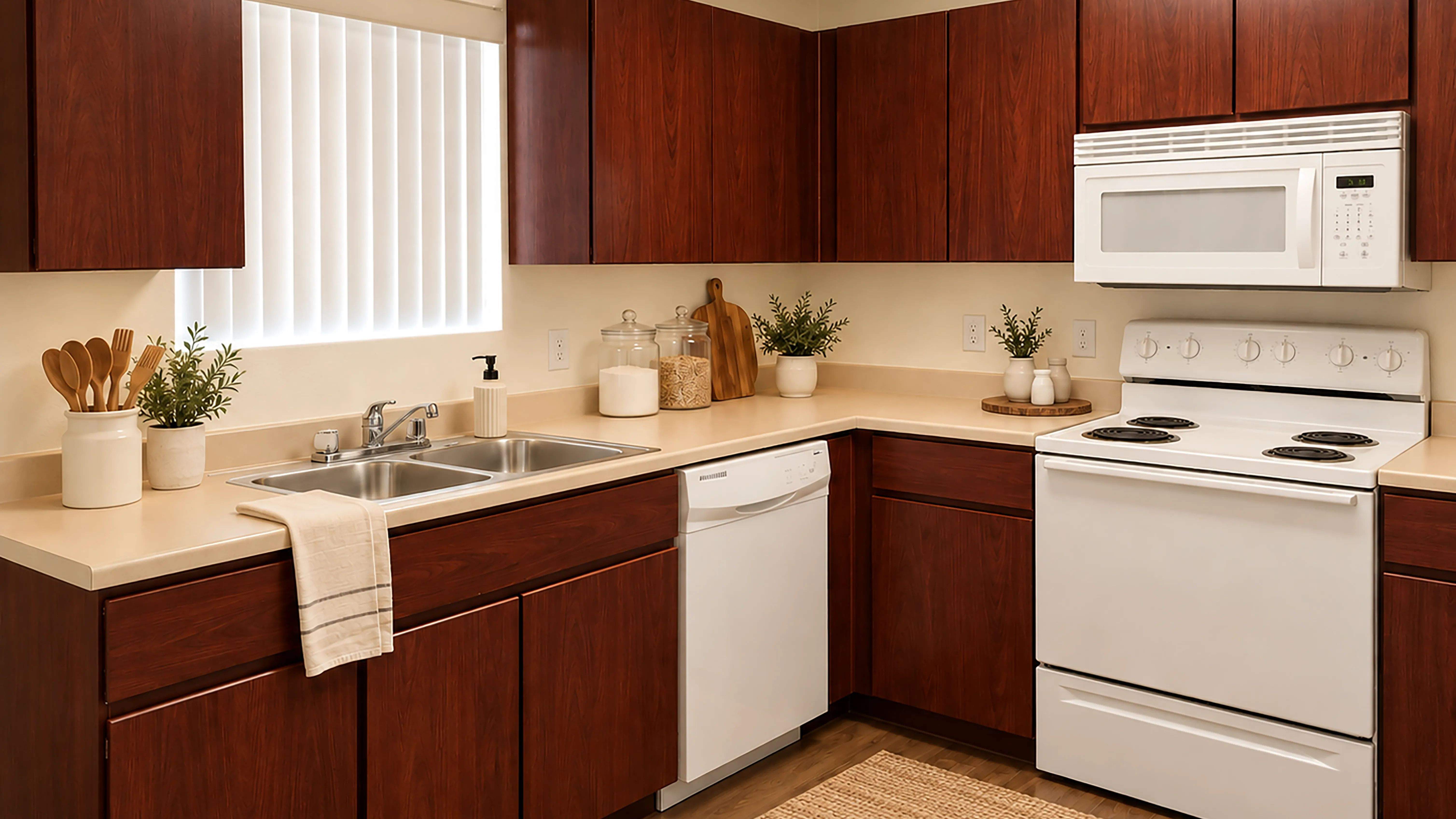 Make mealtime easy in this thoughtfully designed kitchen featuring rich wood cabinetry, generous counter space, white appliances, and a convenient dishwasher.