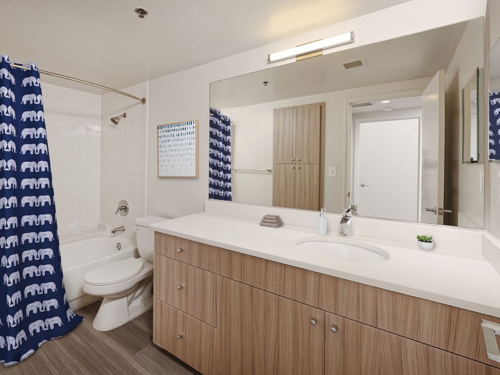 Renovated Package II bath featuring white quartz countertops, driftwood cabinetry, and hard surface flooring