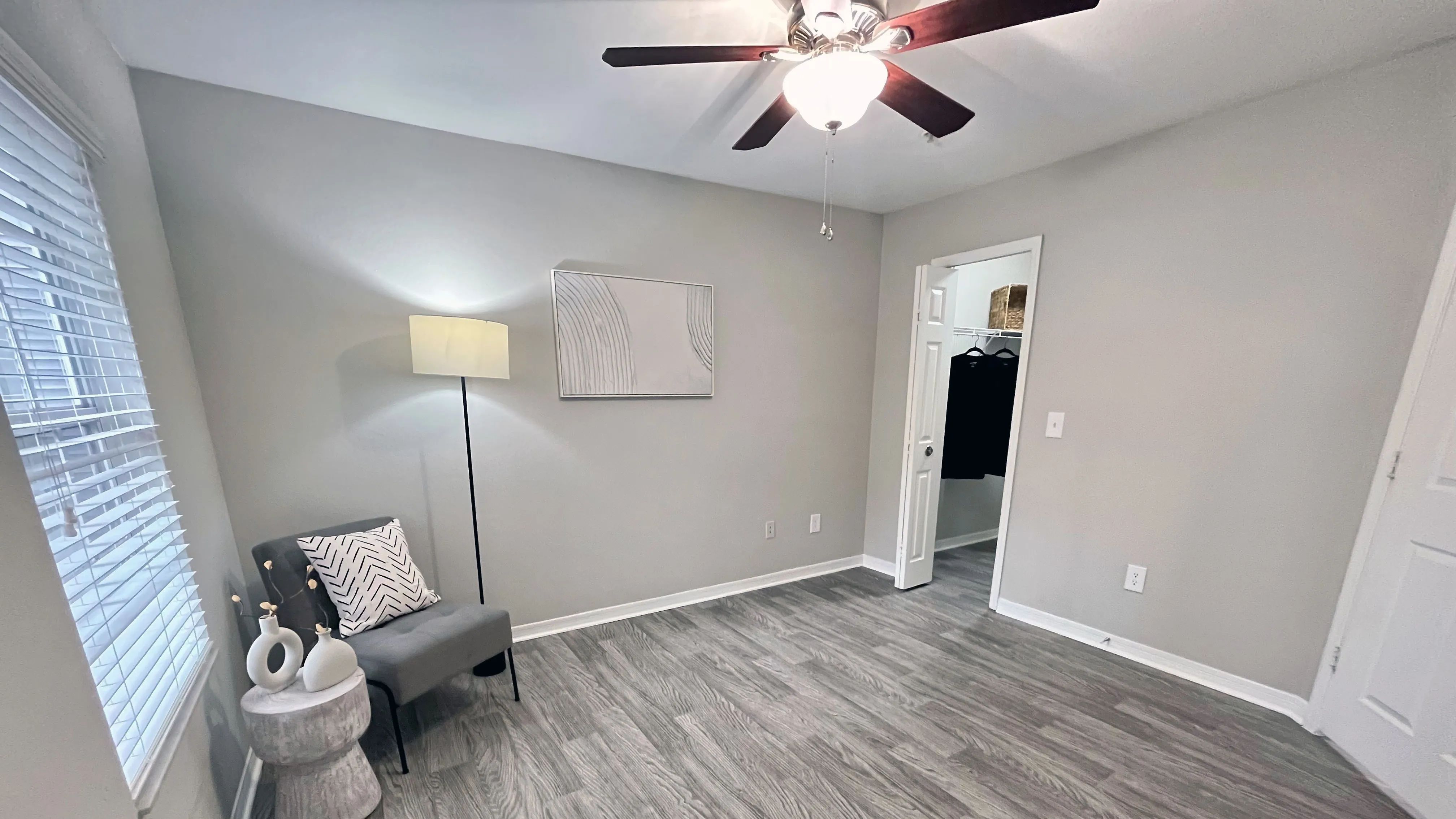 Master bedrooms offer a retreat with ceiling fans and spacious walk-in closets, providing comfort and convenience.