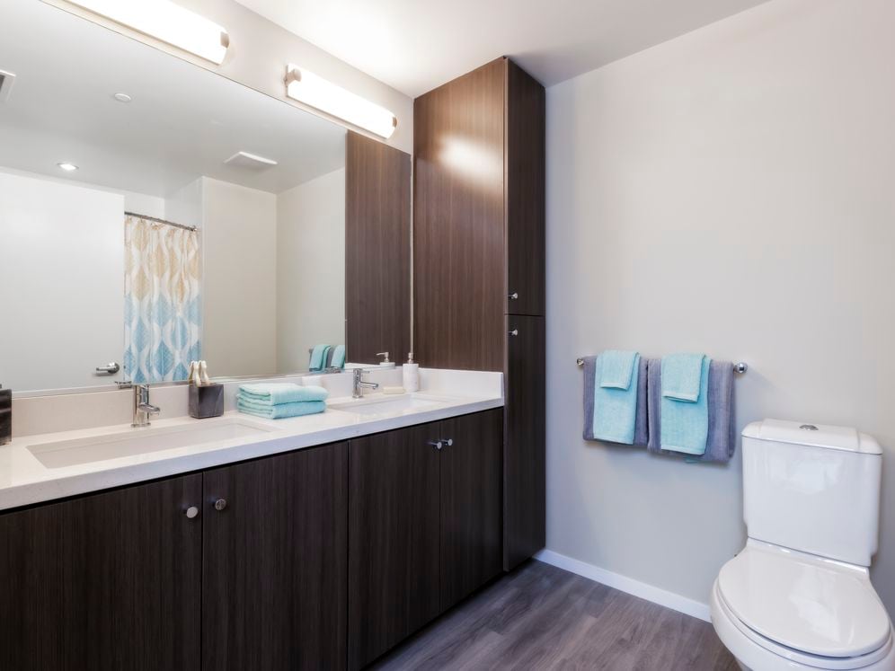 Bathroom with dark brown cabinetry, white countertop and hard surface flooring