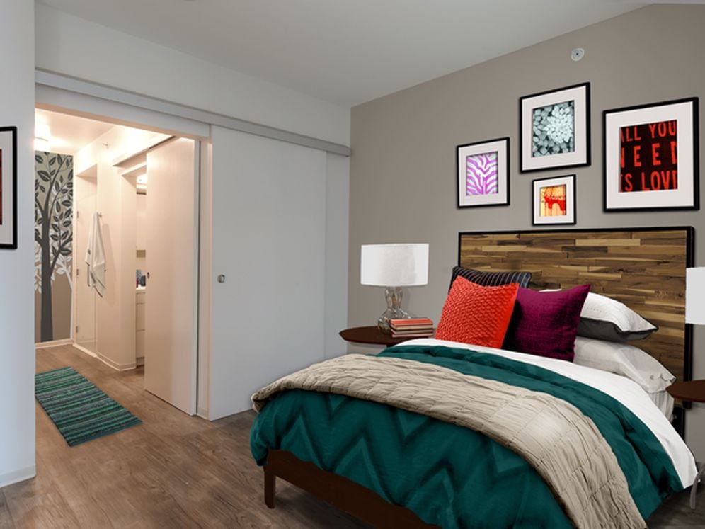 Bedroom with hard surface flooring and sliding barn door