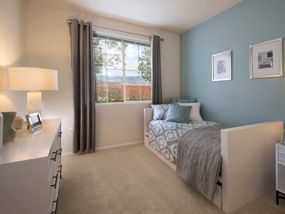 Renovated Package I bedroom with dual closets and carpeting