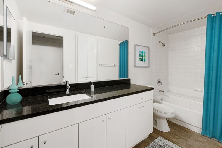 Renovated Package I bath with black granite countertop, white cabinetry, and hard surface flooring