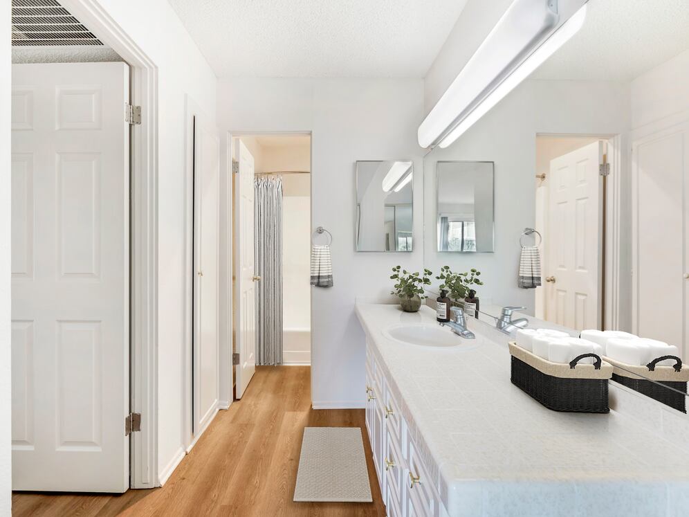 Classic Package II bath with white tile countertops, white cabinetry, and hard surface flooring