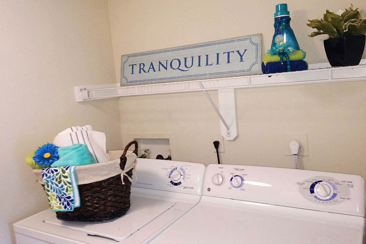 Every apartment home is furnished with a washer and dryer.  No quarters needed for laundry in your own home.
